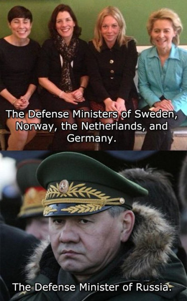 Toto mluvi za vse  Nahoře Ministryně obrany Švédska, Norska, Nizozemska a Německa. Dole ministr obrany Ruska..jpg
