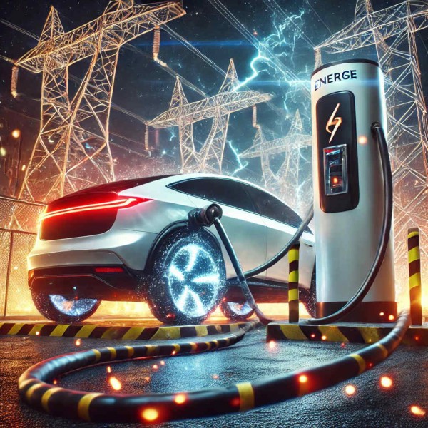 DALL·E 2025-02-01 10.08.47 - A futuristic electric vehicle with an insecure, shaky appearance is connected to an extremely high-voltage, high-current charging station. The chargin.jpeg